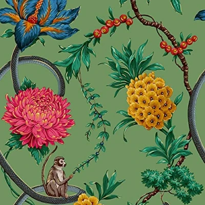 Image of World of Wallpaper Forbidden Fruit Exotic Floral Animals Green/Multi 39002 Feature Wall Paper for Living Room Bedroom Hallway Lounge
