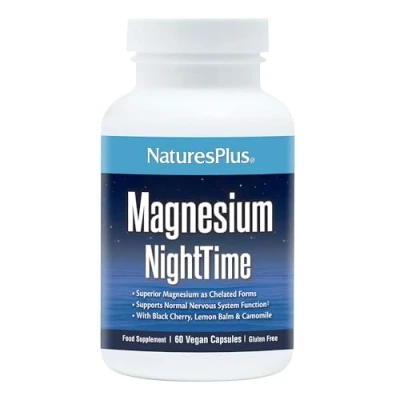Image of NaturesPlus Magnesium Night Time Glycinate and Taurate Supplement with L Theanine, Ashwagandha, Lemon Balm, B6, Hops Vegan, Gluten Free 60 Capsules