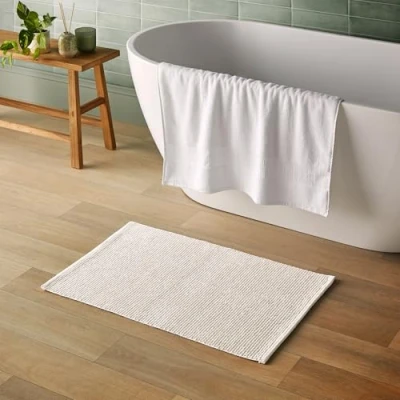 Image of Silentnight Textured Knot Bathmat White Super Soft &amp; Quick Drying 100% Cotton BCI Handcrafted Fully Knotted Loop 80 x 50cm Machine Washable,