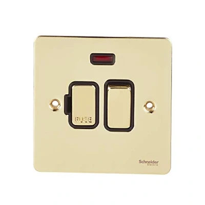 Image of Schneider Electric Ultimate Flat Plate Switched Fused Connection Unit, with Neon Indicator, 13A, GU5211BPB, Polished Brass Black Insert