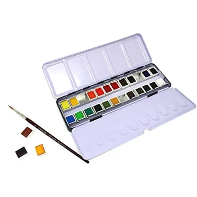 Image of Artway Watercolour Paint Set 24 Half Pans with brush