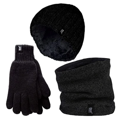 Image of HEAT HOLDERS Mens Hat, Neck Warmer &amp; Gloves Set Winter Knitted Warm Accessories (M L, Black)