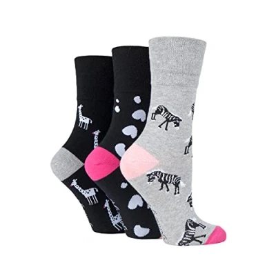 Image of SockShop Gentle Grip Ladies Fun Feet Non Binding Honeycomb Top Novelty Patterned Socks in a Multipack of 3 Assorted Colours Size 4 8 Zebra Life