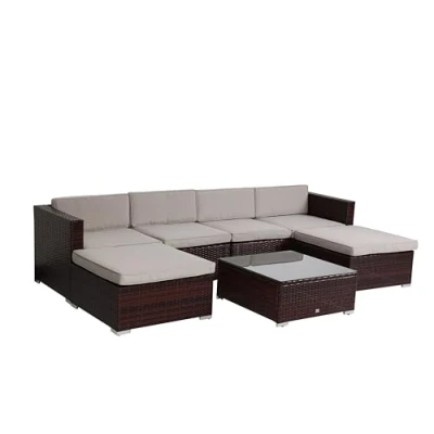 Image of EVRE Nevada Brown 6 Seater Outdoor Rattan Garden Furniture Set Wicker Weave Sofa Coffee Table Stool with Cushions For Patios Decks Conservatories Sectional Corner Conversation Piece