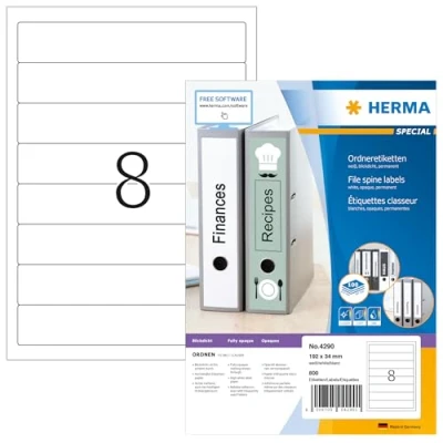 Image of HERMA Self Adhesive Spine Labels, 8 Labels per A4 Sheet, 100 Sheets, 192 x 34 mm, 800 Blank Lever Arch File Folder Stickers, Sticky for Laser &amp; Inkjet Printer, White