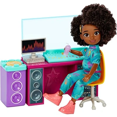 Image of Mattel Karma’s World Making Rhymes Recording Studio 13 Piece Playset with Karma Doll (8.7 in), Mixing Booth, Guitar, Collectible Record, and More, HHJ27