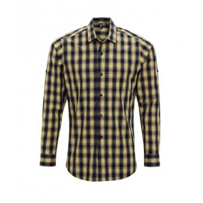 Image of Premier Mens Mulligan Check Long Sleeve Shirt (Camel/Navy) Cotton Size Medium