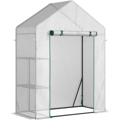 Image of Outsunny Greenhouse for Outdoor w/2 Tier Shelf Roll Up Zippered Door PE Cover Green845 621