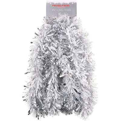 Image of Christmas Concepts® 4m Metre Chunky/Fine Tinsel Decoration (WHITE/SILVER)