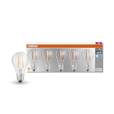 Image of OSRAM LED BASE Classic A60, clear glass filament lamps for E27 base, pear shape, cool white (4000K), 806 lumens, replacement conventional 60W (7.0W) light bulbs, box of 5 [Energy Class E]
