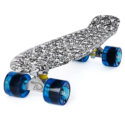 Image of Penny Board Cruiser Skateboard by Land Surfer 22 Inch Adults and Kids For Street Skatepark With Bag Skull Board/Transparent Blue Wheels