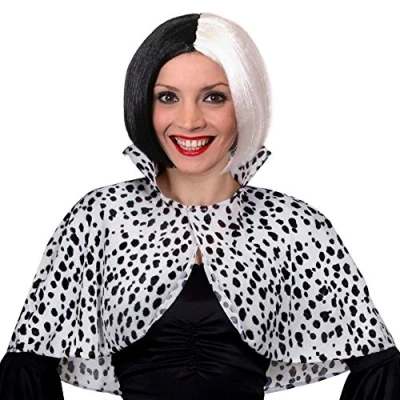 Image of LADIES DALMATIAN PRINT COLLARED CAPE + BLACK/WHITE BOB WIG EVIL DOG LADY SCHOOL BOOK WEEK WORLD DAY FANCY DRESS COSTUME ACCESSORY (STANDARD SIZE)