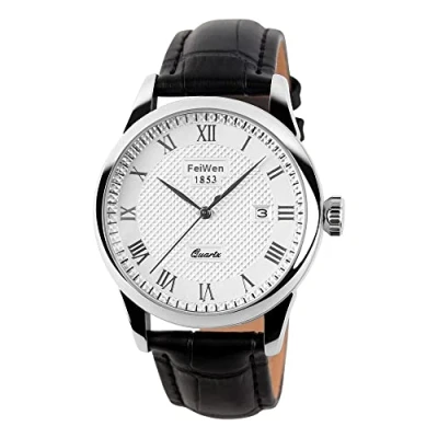 Image of FeiWen Unisex Stainless Steel Analog Quartz Watch for Women and Men Roman Numerals Calendar Business Dress Casual Wrist Watches with Leather Band, Black