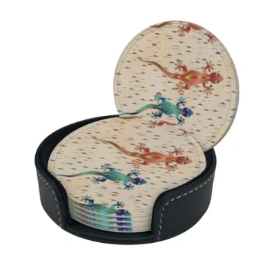 Image of Geckos Print Round Leather Coasters Set Of 6, Ultra Fiber Pu