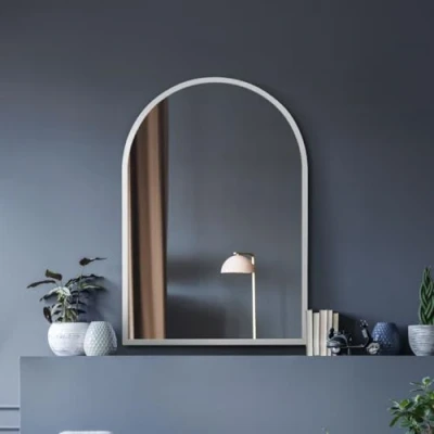 Image of MirrorOutlet The Arcus White Metal Framed Modern Arched Wall Mirror 39&quot; X 27&quot; (100CM 70CM) Black. 2cm Wide Frame and 3cm Deep.