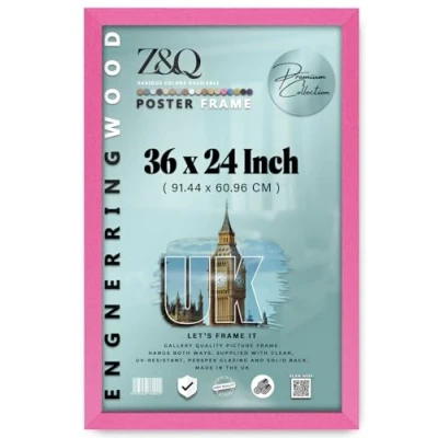 Image of Z&amp;Q Wall Mounted Poster Picture Frame Pink 61x91.5 cm Display Painting Photo Print With HD Clear Perspex Both Ways Hanging Hooks MDF Wood 30x15mm Moulding