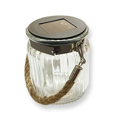 Image of Gem Imports Solar Powered Ribbed Glass Jar Rope Handle Outdoor Garden Light Lantern Table Lamp Party Decor, Does not apply