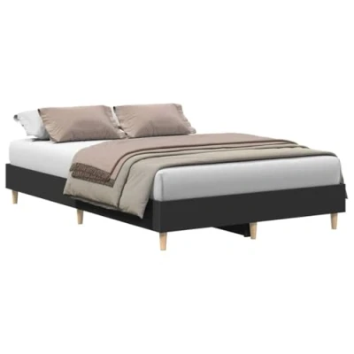 Image of vidaXL double engineered wood bed frame black 135x190 cm with slatted base &amp; eucalyptus support modern, sturdy bedroom furniture