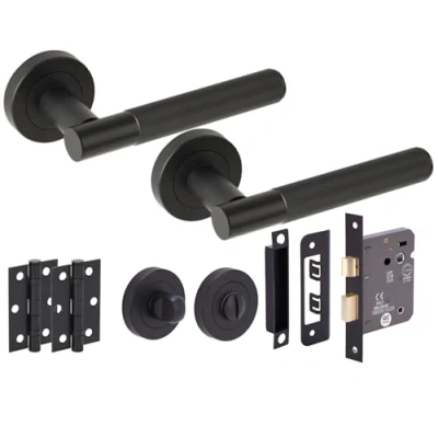 Image of HANDLEZONE® Vida Grip Door Handles on Rose Bathroom Lock Pack with Standard Turn Set, 76mm Lock, 75mm Ball Bearing Hinges Black Matt