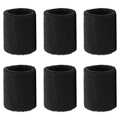 Image of 6 Pieces Sweatbands Kid Wrist Sweatband Sports Sweat Band Bands Wristbands Absorbent Wristband, Elastic Cotton Wristband for Gym Basketball Football Tennis Running (Black)