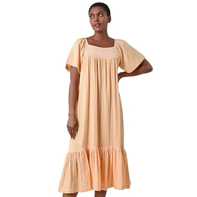Image of Roman Womens Embroidered Cotton Midi Smock Dress Orange Size 10 UK
