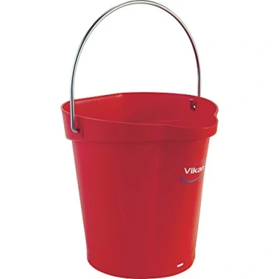 Image of Vikan 56884 Durable Polypropylene Hygiene Bucket/Pail, Stainless Steel Handle, 6 Litres, Red