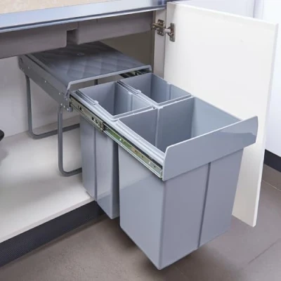 Image of [en.casa] Built in trash can Froland waste sorter Pull out garbage collector 3 Removable compartments 48x34x42cm for kitchen Gray 2x10L + 1x20L