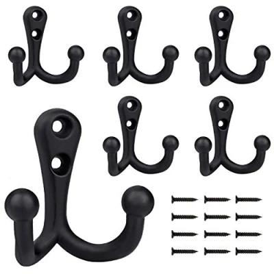 Image of BIGLUFU Coat Hooks Heavy Duty Double Prong Wall Mounted with 12 Screws Retro Robe Utility for Coat, Scarf, Bag, Towel, Key, Cap, Cup, Hat (Black) (6 Pack)
