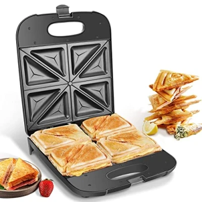 Image of Aigostar Sandwich Toaster, 4 Slice Toastie Maker and Grill with Non Stick Hot Plates, Automatic Temperature Control for Toasted Cheese Snacks, Black Dylan 02J51