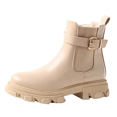 Image of Girls Chelsea Boots Kids Winter Buckle Ankle School Warm Zip Shoes Beige UK 8.5