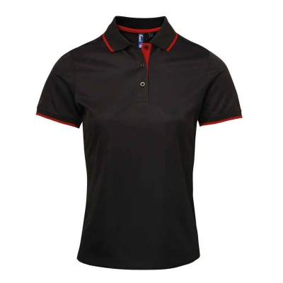 Image of Premier Womens/Ladies Coolchecker Contrast Pique Polo Shirt (Black/Red) Size Medium