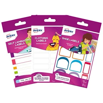 Image of Avery School Name Labels, Value Pack, 36 x Clothing Labels (Non Iron) 24 Resistant Shoe Waterproof Lunchbox and Water Bottle Bundle 1