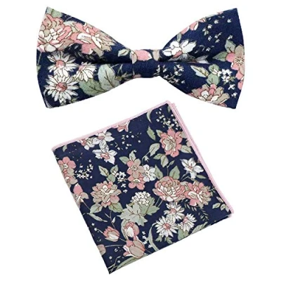 Image of Men&#039;s Luxury Cotton Pre tied and Fully Adjustable Bow Tie &amp; Pocket Square Set (Blue Pink Floral) suitable for formalwear, office, weddings, parties, grooms groomsmen outfits