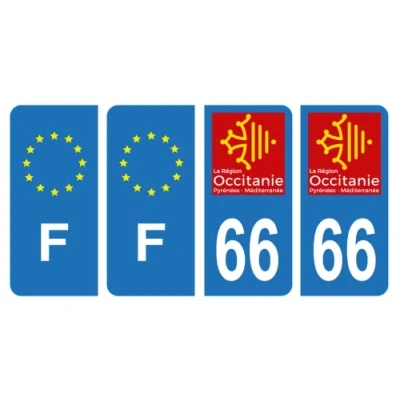 Image of HADEXIA Set of 4 Self Adhesive Number Plate Registration Stickers Department 66 Pyrénées Orientales Region Occitanie &amp; F France Europe
