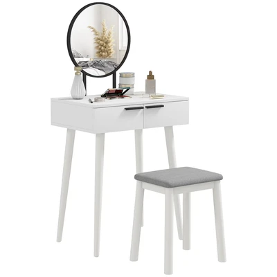 Image of HOMCOM Dressing Table with Mirror and Stool, Vanity Makeup Desk Set 2 Drawers, Cushioned Stool Make up Organiser for Bedroom Room, 60 x 40 123 cm, White