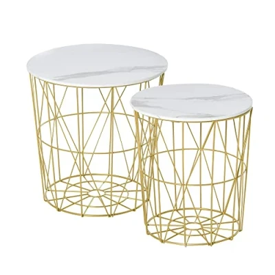 Image of HOMCOM Set of 2 Nesting Side Tables with Storage, Round End Coffee Steel Frame and Removable Top, for Living Room, bedroom, office, White