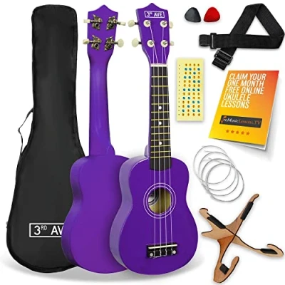Image of 3rd Avenue Soprano Ukulele 21 Inch Beginner Pack Bundle Bag, Stand, Strap, Strings, Picks and Fret Stickers Purple with FREE 1 Month Online Lessons