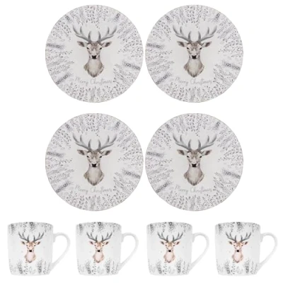 Image of YöL Christmas Stag Dinner Set of 4 Charger Plates &amp; Mugs White And Grey Xmas Table Decor Mug
