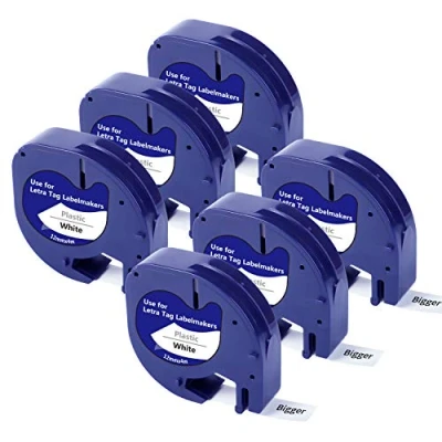 Image of Bigger Replacement Label Tape for DYMO LetraTag Plastic White Tape, 91201 (91331 S0721610) Self Adhesive Used with LT 100H 100T, 12mm x 4m, Black on White, 6 Pack