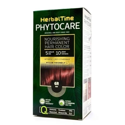 Image of Herbal Time Phytocare Permanent Hair Dye Color Red 6R Professional Natural Kit Nourish and Protect Your Ammonia, PPD SLS Free 124.5 ml