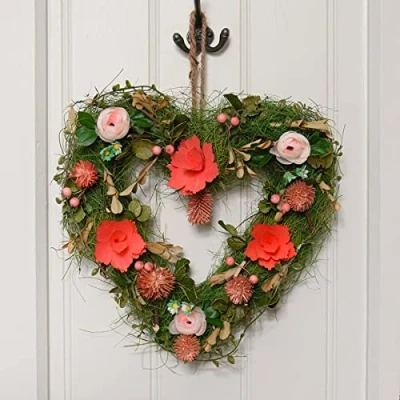 Image of Festive Lights 40cm/ 15.7&quot; Flora Heart Shaped Spring Valentines Wreath, Artificial Indoor Outdoor Pink &amp; Green