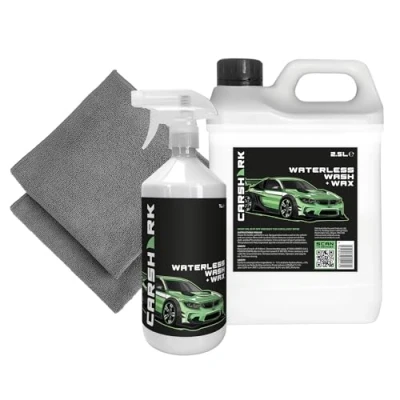 Image of Carshark Waterless Wash and Wax 1L + 2.5L, with 2 x Microfibre Cloths, Contains Carnauba