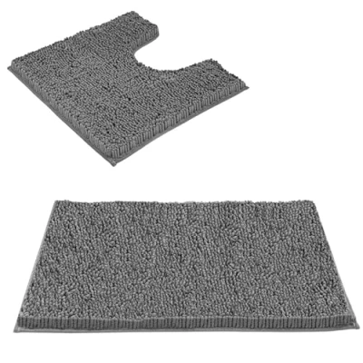 Image of Crystals Non Slip Chenille TOILET &amp; BATH Mat Set, Super Soft Absorbent, Quick Dry Plush Bathroom Rugs, Machine Washable U Shape Rectangle Mats, 50x50cm, 45x70cm (2, CHARCOAL MAT)
