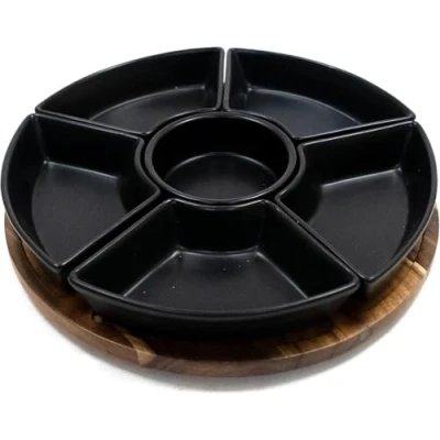 Image of Rotating Dip Set Lazy Susan with 6 Ceramic Dishes Serving Platters Snack Turntable Dips, Snacks &amp; Appetisers M&amp;W (Black)
