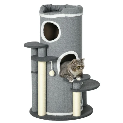 Image of PawHut Cat Tree for Indoor Cats, 3 Tier Tower Barrel Shaped with Sisal Scratching Posts, Bed, Platforms, Hanging Ball, Grey