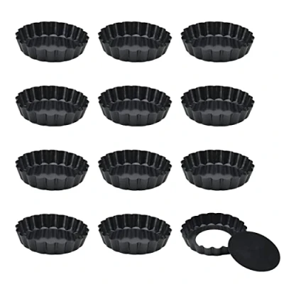 Image of KEILEOHO 12 PCS 4 Inch Small Flan Tins, 10cm Mini Black Tart Pan with Loose Base, Round Fluted Quiche Tins for Baking, Cooking