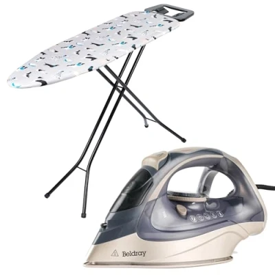 Image of Beldray COMBO 9211 Steam Iron &amp; Ironing Board Set Powerlite, Ceramic Soleplate, 200g/min Shot, 320ml, Variable Temperature, Compact Table, Heat Reflective Surface, 110 x 33cm, 3200W