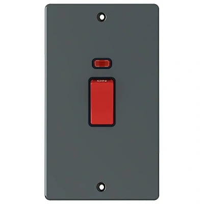 Image of Flat Plate Black Nickel 45A Cooker Switch Tall 45 Amp DP w/Neon Indicator 2 Gang