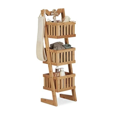 Image of Relaxdays Bamboo Bathroom Shelf, 3 Tiers, Handle, Versatile, Organiser, Compact, Waterproof, Decorative, Natural
