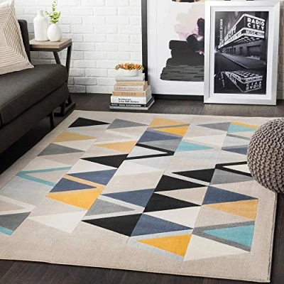 Image of Livabliss Marietta Geometric Rug Scandi Area Rugs Living Room 160x220 cm, Dining, Kitchen Neutral, Abstract Patterned Rugs, Boho Style, Easy Care Pile Large Rug, Beige, Yellow and Blue